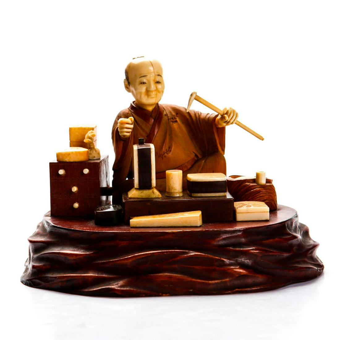 JAPANESE MEIJI CARVED WOOD & NATURAL MATERIAL FIGURAL (1 of 9)