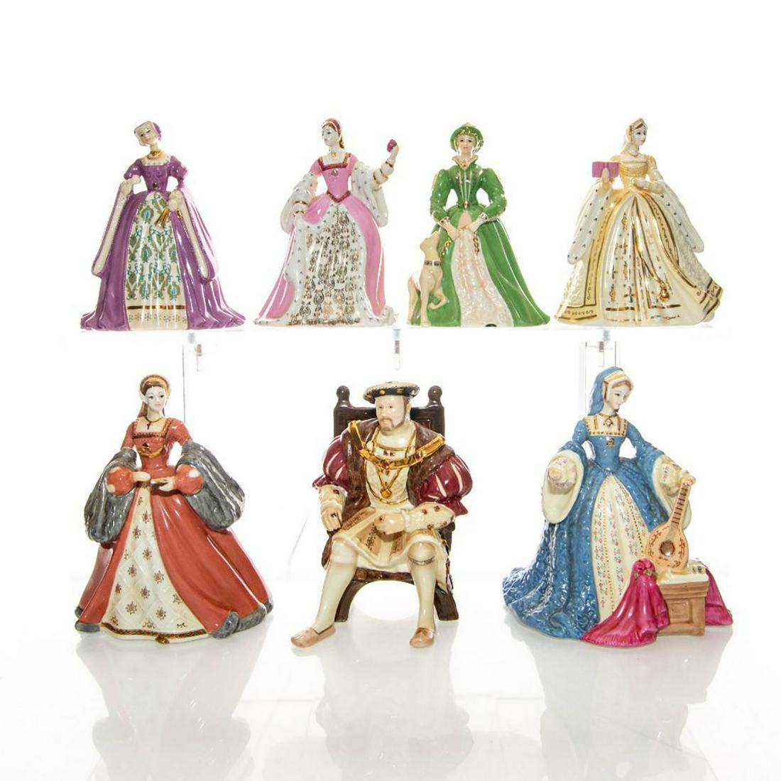 7 COALPORT FIGURINES, HENRY VIII AND HIS SIX WIVES: Limited edition set, British king and his ill fated spouses. Stamped Coalport to bottom, with edition information. Issued: 2009 Dimensions: 4"H, each Edition Number: 79 Edition Size: 500 Manufacturer: