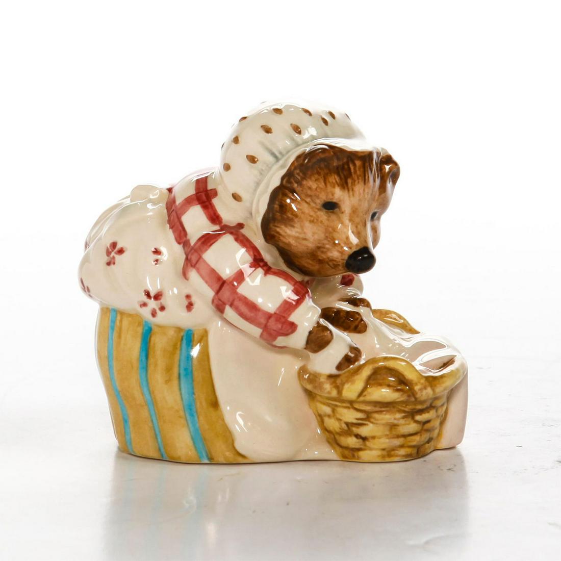 BESWICK WARE FIGURINE, MRS. TIGGY WINKLE WASHING: Beatrix Potter figure. 3"H, figure. Beswick backstamp. W. box. Artist: D. Lyttleton Artist: D. Lyttleton Issued: 1998-2000 Dimensions: 4.5"H x 3"W, box Manufacturer: Beswick Country of Origin: England