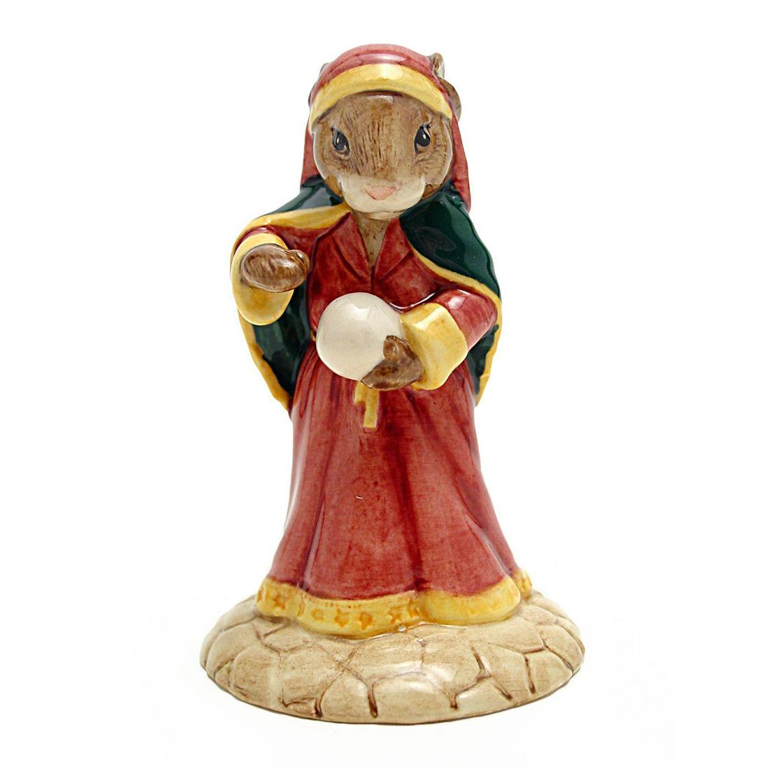 FORTUNE TELLER DB218 - ROYAL DOULTON BUNNYKINS: Fortune Teller Bunnykins DB218 (pink, yellow, and dark green). Designed by Warren Platt, issued April to September 2000. Size 4.5"H Artist: W. Platt Issued: 2000 Dimensions: 4.5"H Manufacturer: Royal 
