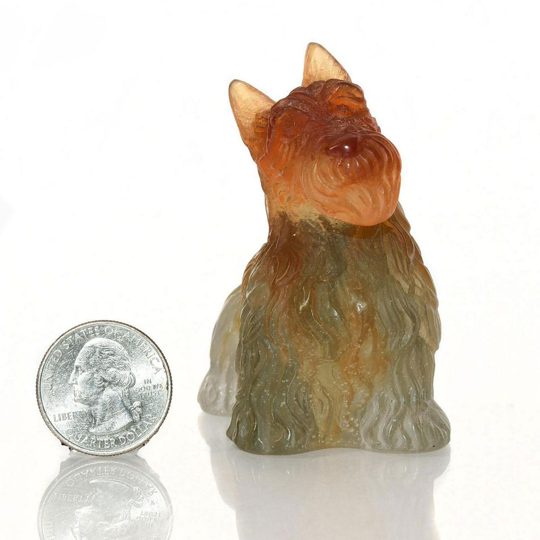 DAUM PATE DE VERRE GLASS YORKSHIRE TERRIER FIGURINE: Brown and grey colorway, with pate de verre bubbles in glass. Signed Daum France to bottom. Issued: 20th c. Dimensions: 2.75"L Manufacturer: Daum Country of Origin: France