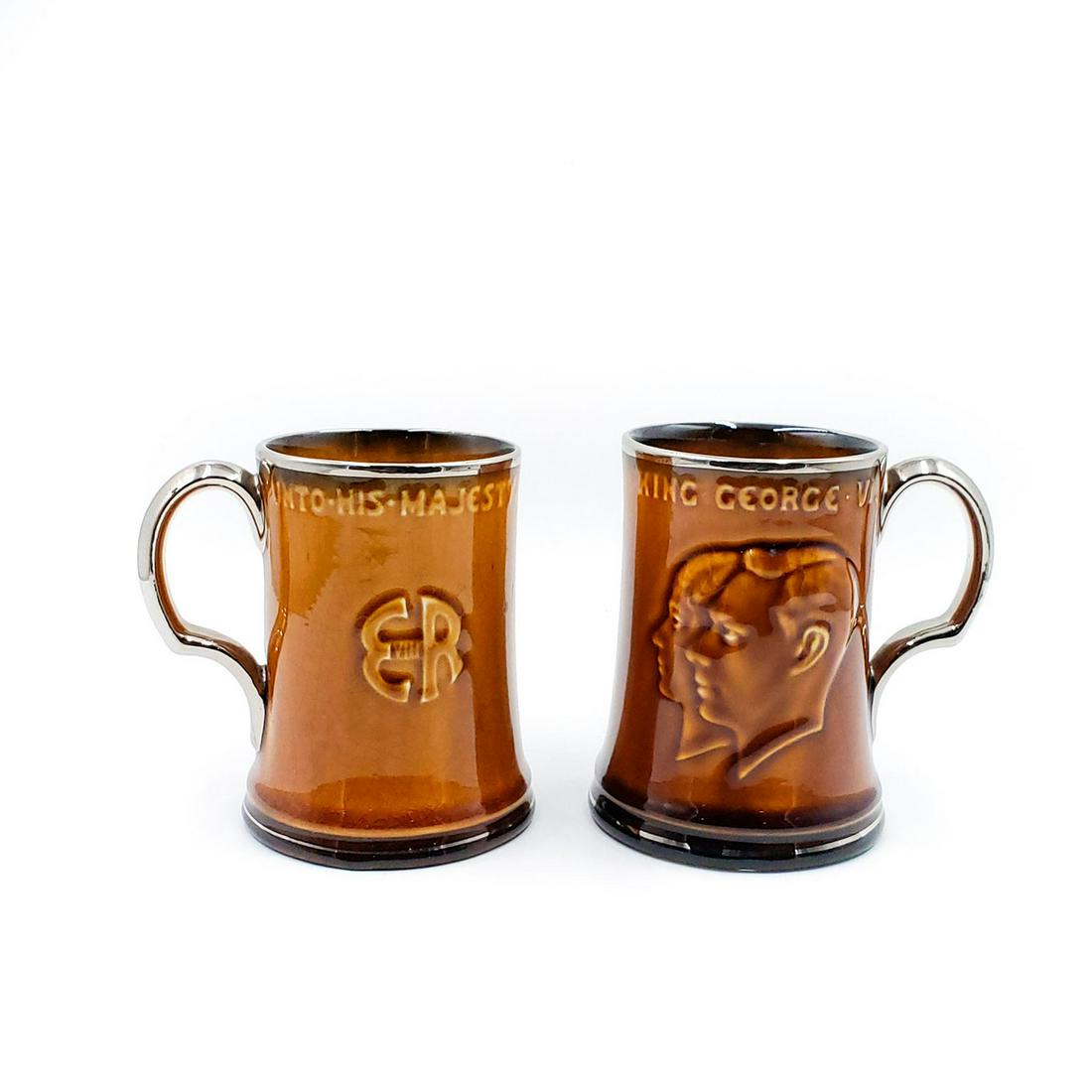 2 RIDGWAYS CERAMIC KINGSWARE ROYALTY MUGS: Edward VIII, Queen Elizabeth and King George VI. With German Nickeled rim and handle. Ridgways backstamp. Issued: 20th c. Dimensions: 4.5"H, tallest Manufacturer: Ridgways Country of Origin: England