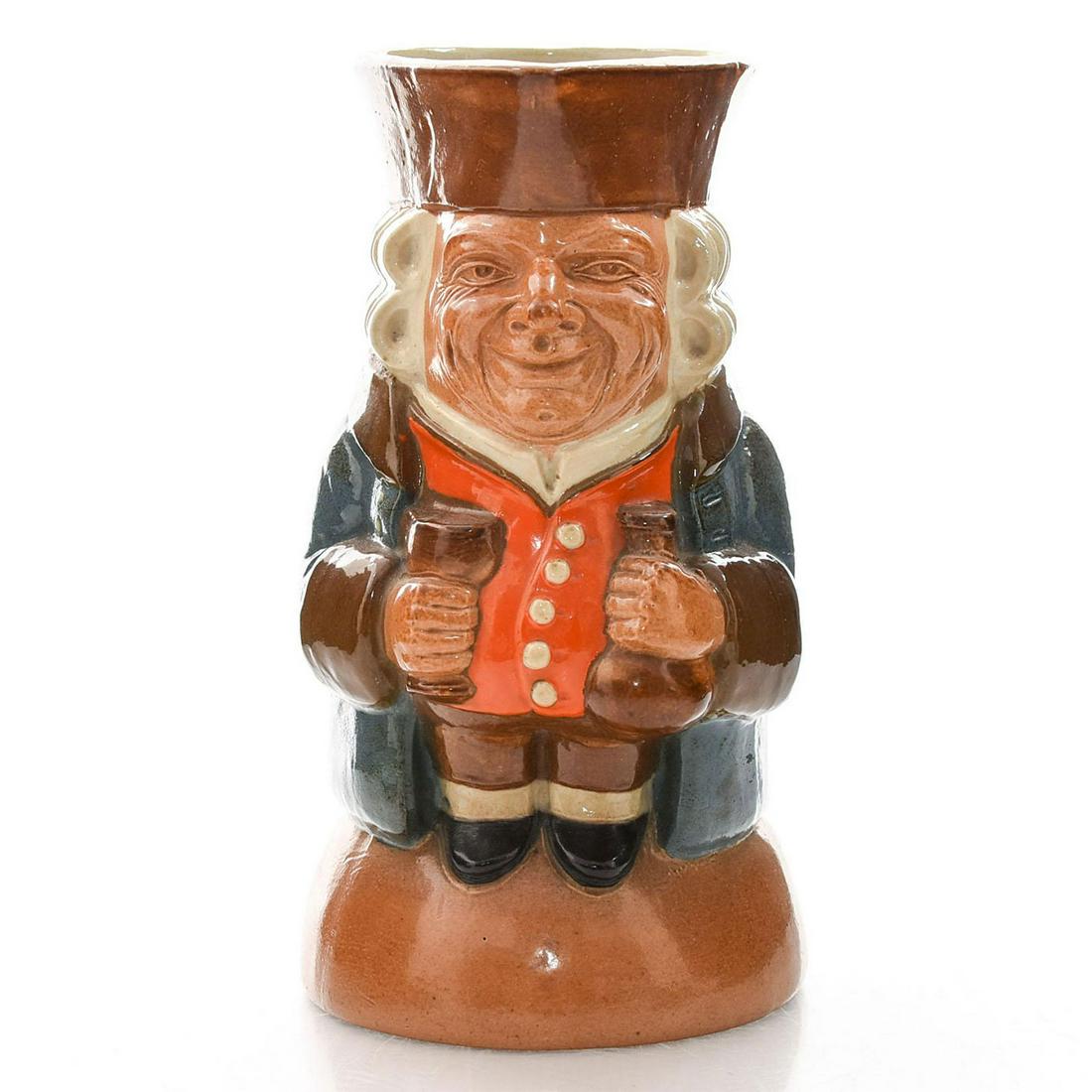 ROYAL DOULTON SIMEON TOBY JUG: Standing Man Smiling; Blue jacket with orange waistcoat. Artist: Harry Simeon Issued: 20th c. Dimensions: 8.5"H Manufacturer: Royal Doulton Country of Origin: England
