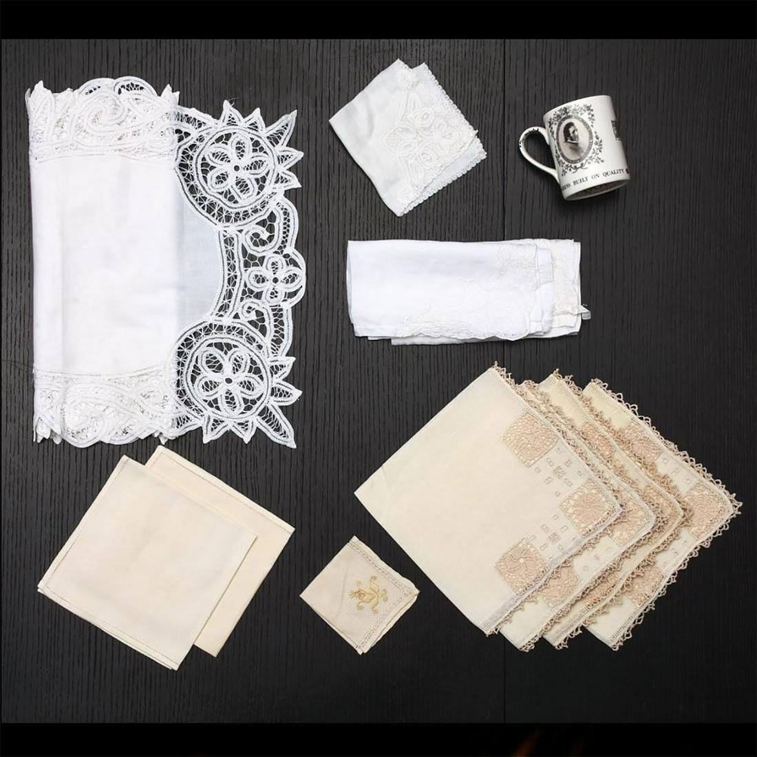 11 PIECES, FINE TABLE LINENS: 6 napkins, 4 handkerchiefs, 1 table runner, made w. fine cutwork. Some stains present. Issued: 20th c. Dimensions: 51"L x 15"W, runner