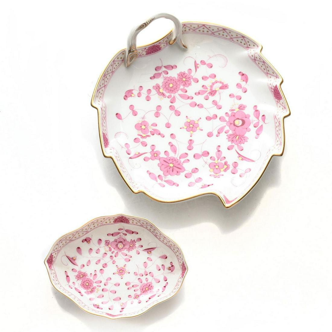 RARE MEISSEN PURPLE INDIAN PATTERN TRAY, CANDY DISH: White with pink floral design and gilt detail. Meissen stamp to bottom. Issued: Early 20th c. Dimensions: 7.5"L, tray Manufacturer: Meissen Country of Origin: Germany