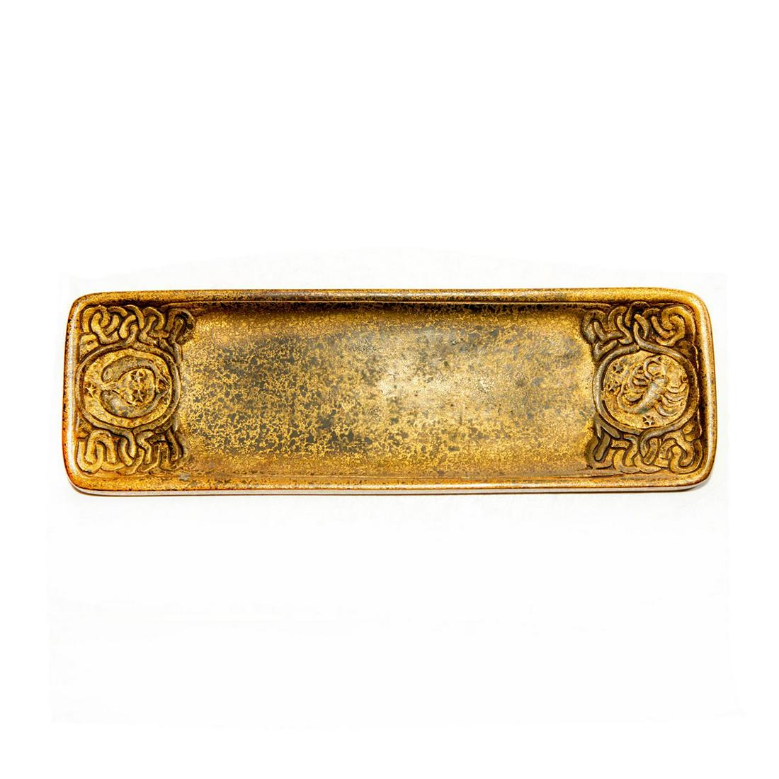 TIFFANY STUDIOS GILT BRONZE ZODIAC PEN HOLDER: Heavy bronze with patina. Stamped Tiffany Studios 1000 to bottom. Tiffany Studios was founded by Louis Comfort Tiffany, son of Charles Lewis Tiffany founder of Tiffany & Co. Louis Comfort Tiffany thro