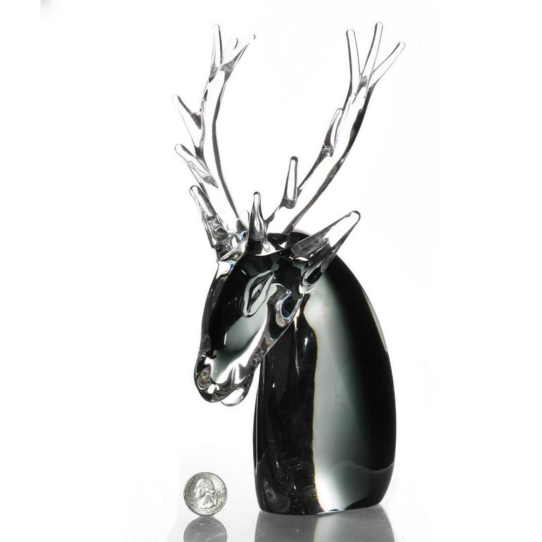 MURANO ART GLASS SCULPTURE, DEER: Antlered stag/buck head, clear with blue gray color. Original sticker to bottom, Murano Italy. Issued: 20th c. Dimensions: 10.75"L Country of Origin: Italy Provenance: David Farin Collection