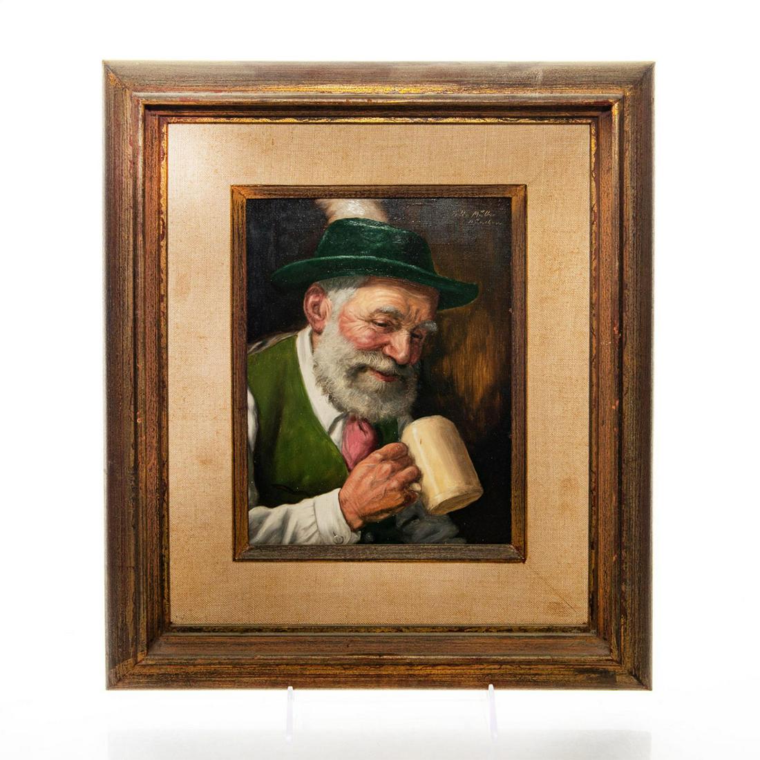 FRITZ MULLER (1913-1972) OIL ON BOARD PAINTING: Portrait of Bavarian man drinking beer. Signed by artist, top right. Artist: Fritz Muller Issued: 20th c. Dimensions: 13.25"L x 15.75"H, framed Country of Origin: Germany Provenance: David Farin Colle