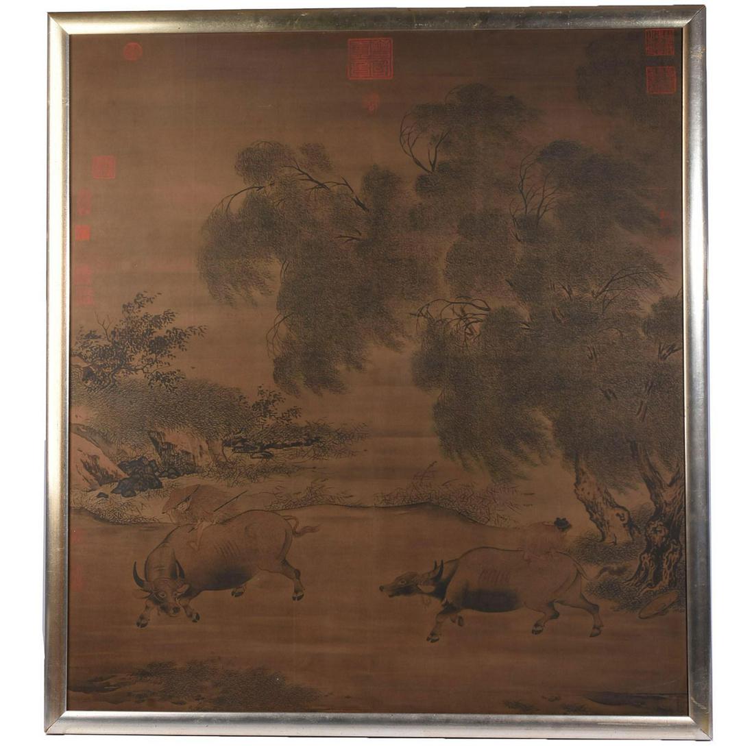 MID-CENTURY VINTAGE ART PRINT LAO TZU MING DYNASTY: Art print on fabric. Copy of original important Ming era artwork. Lao Tzu riding his ox, with additional fauna and flora. After the Chinese School. Framed. 43.5"H x 39.5"W, pictured. Issued: c. 1950-1