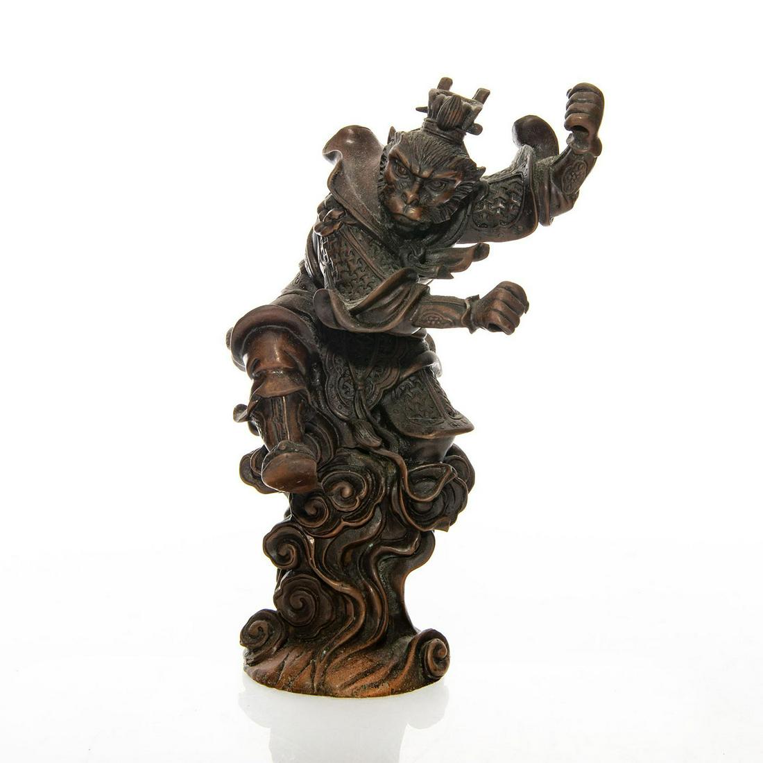 CHINESE BRONZE SCULPTURE, MONKEY KING SUN WUKONG: Heavy bronze with intricate detail, patina. Missing staff. The Monkey King, known as Sun Wukong in Chinese, is a legendary figure best known as one of the main characters in the 16th-century Chinese n