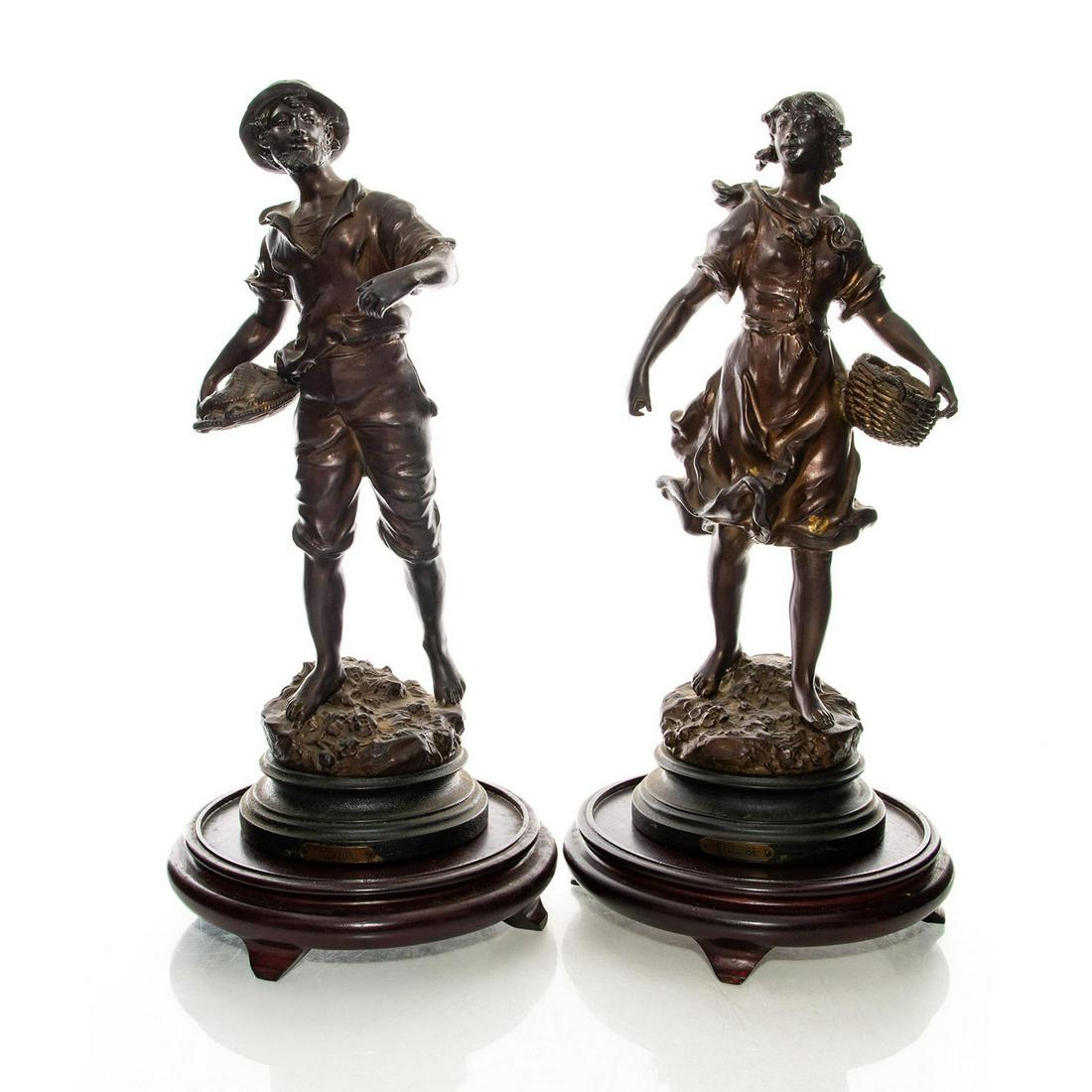 RANCOULET BRONZE FIGURES, PAIR, PECHEUR AND PECHEUSE: Ernest Rancoulet 19th century bronze figures. Pecheur (fisherman) and Pecheuse (fisherwoman) figures with wood bases. Rancoulet stamp on back of both. 3 spots with age-related wear on Pecheur. Issued: