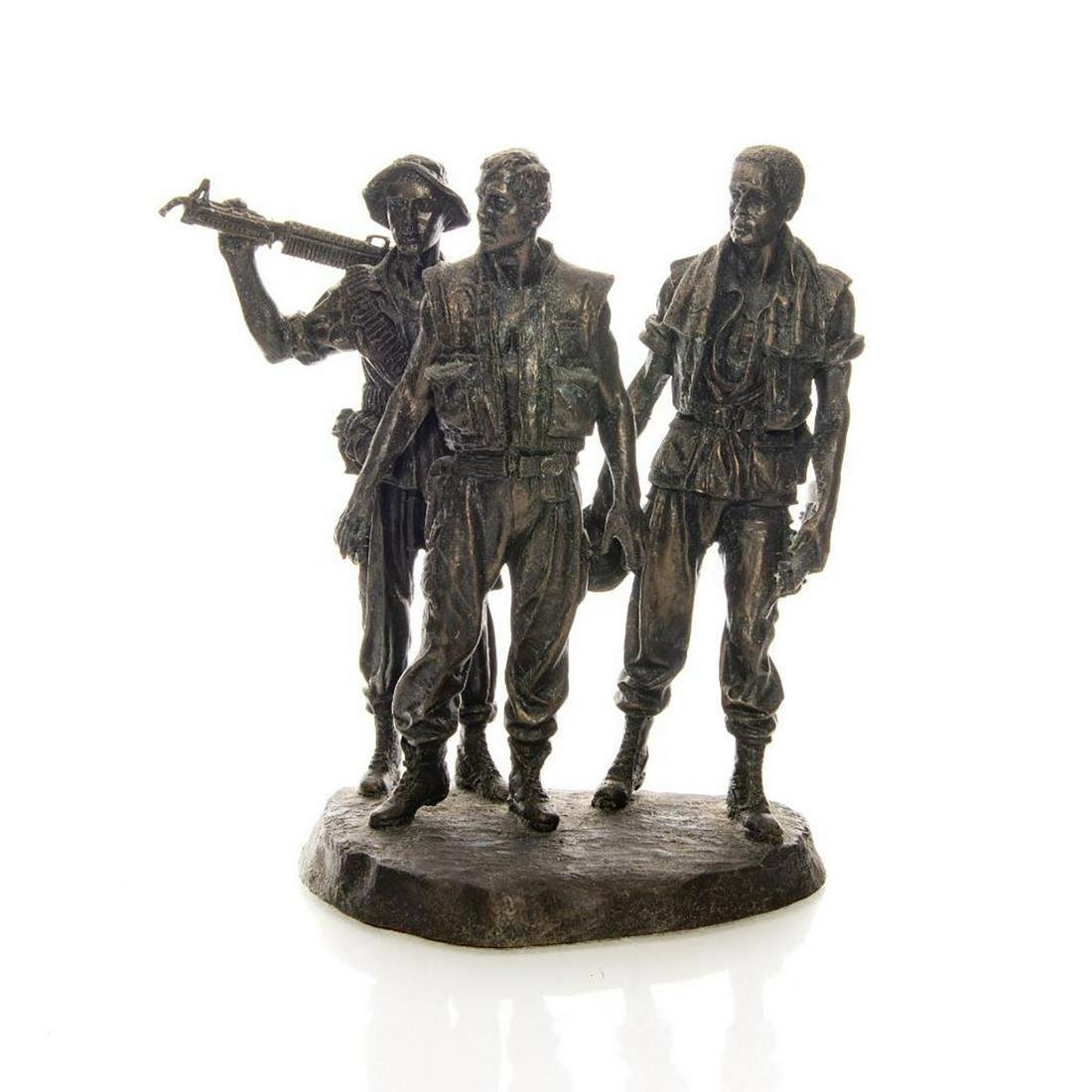 SMALL REPLICA STATUE OF THE THREE SOLDIERS "SERVICE: Inspired bronze statue by Frederick Hart. Issued: 20th c. Dimensions: 9"H Provenance: David Farin Collection