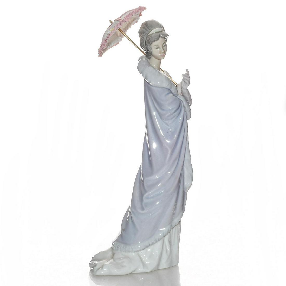 LLADRO LADY FIGURINE, MILANESE LADY 01005323: Depicts a young woman holding a parasol. Porcelain; glazed. Lladro backstamp. Includes box. Wear to box. Artist: Jose Puche Issued: 1985-1994 Dimensions: 10.25"H Manufacturer: Lladro Country of Origin