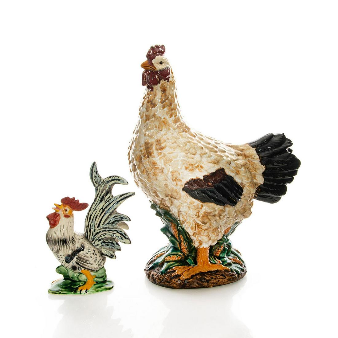 PAIR, CERAMIC CHICKEN SCULPTURES: One large, one small with hand painted detail. Small rooster has repair to top. Issued: 20th c. Dimensions: 16.25"H, tallest