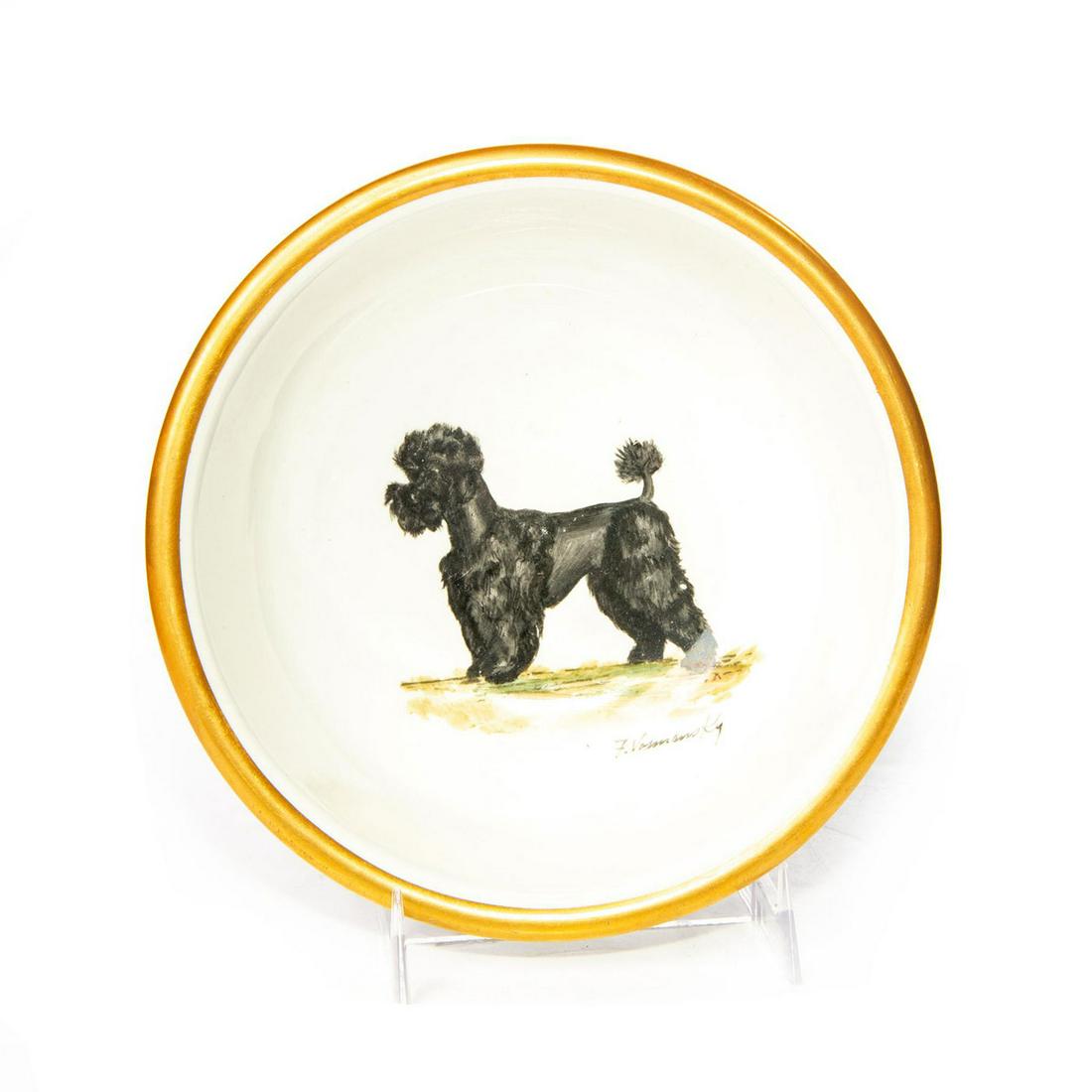 CARR CHINA BOWL, BLACK POODLE: Thick, rolled edge china bowl with gilded rim. Carr China Co. Grafton, W. VA. And VON LENGERKE and Antoine imprinted on bottom. Dimensions: 6.5"D Manufacturer: Carr China Country of Origin: United Sta