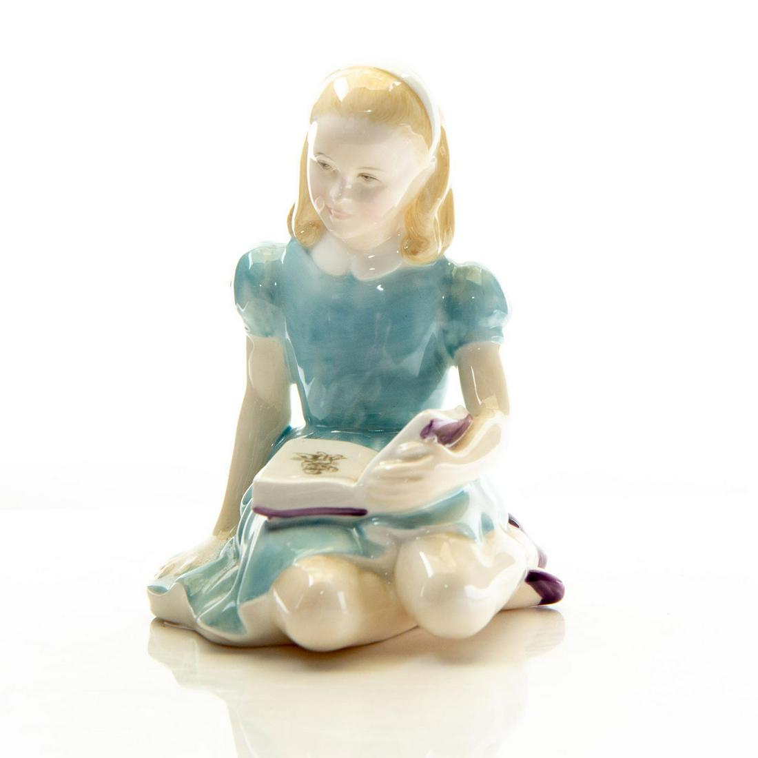 ROYAL DOULTON FIGURINE, ALICE HN2158: From the classic children's storybook, Alice In Wonderland, Alice sits reading a story of her own. In a world where old fashioned values seems to be long gone, a tradition of craftsmanship still lives