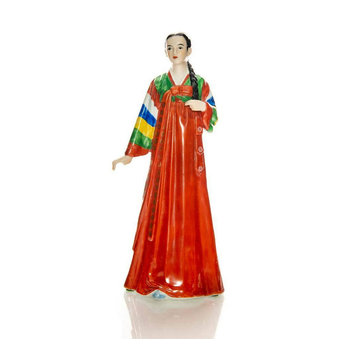 ROYAL SEOUL SOUTH KOREAN PORCELAIN FIGURINE: Vintage hand decorated Korean woman with colorful dress. Royal Seoul stamp on bottom. Issued: 20th c. Dimensions: 9"H Manufacturer: Royal Seoul Country of Origin: South Korea