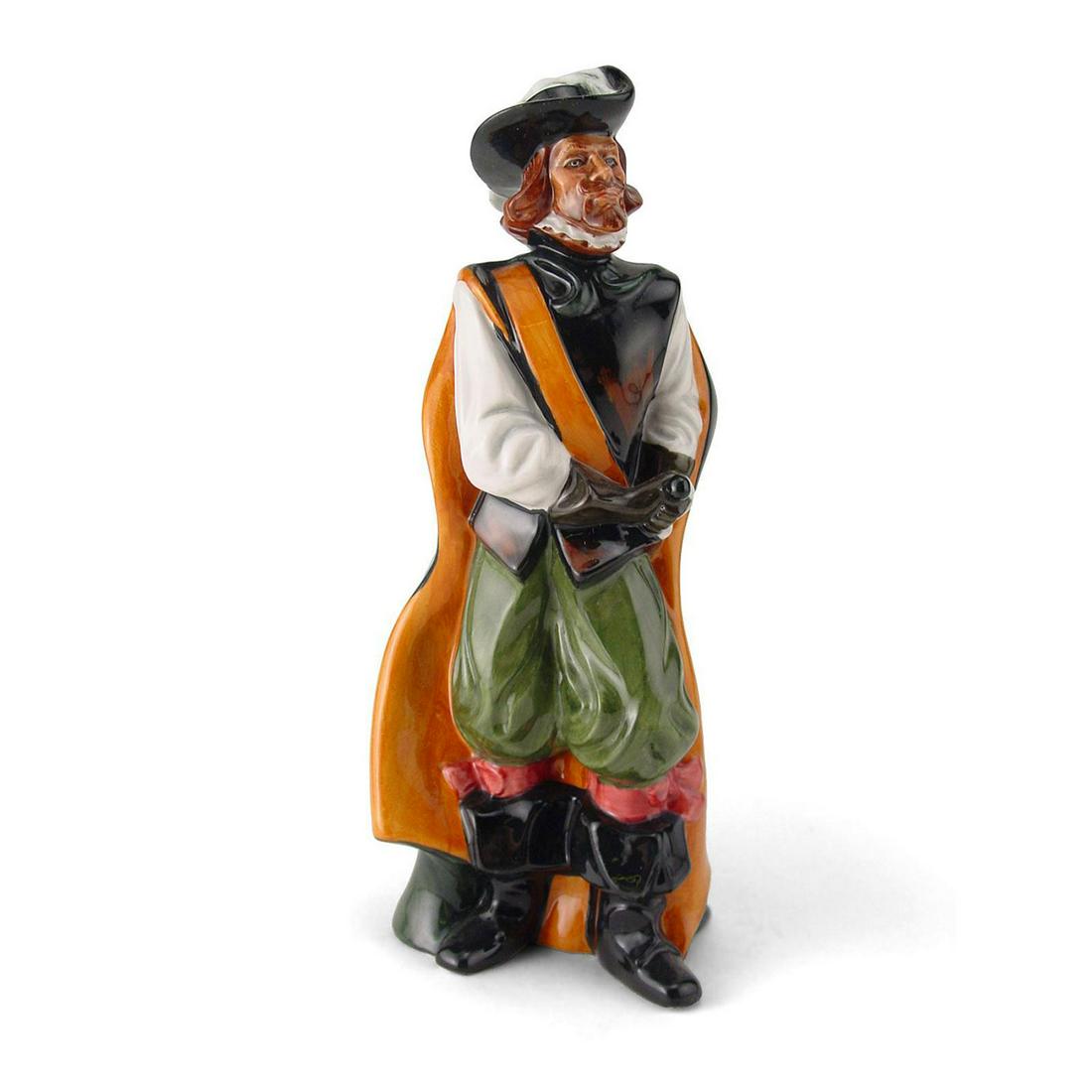 ROYAL DOULTON FIGURINE, CAVALIER HN2716: The Cavalier in his yellow cape grasps his sword, prepared for battle at a moment's notice.. Men of HistoryArtist: Eric J. Griffiths Artist: Eric J. Griffiths Issued: 1976 - 1982 Dimensions: 9.75"H Ma