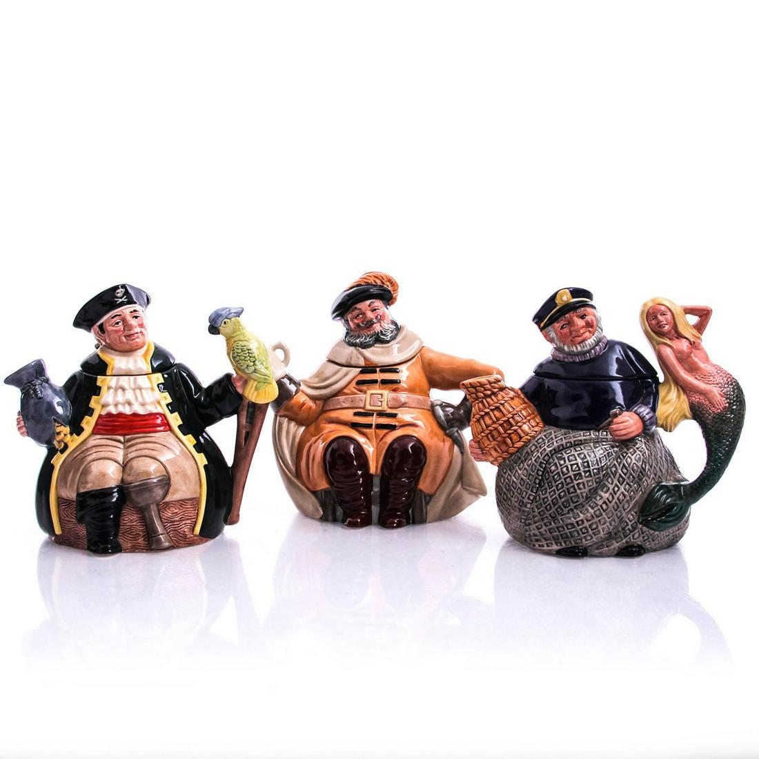 3 ROYAL DOULTON CHARACTER TEAPOTS: Old Salt D6818, Long John Silver D6853 and Falstaff D6854. Doulton backstamps. Issued: 20th c. Dimensions: 7"H, tallest Manufacturer: Royal Doulton Country of Origin: England