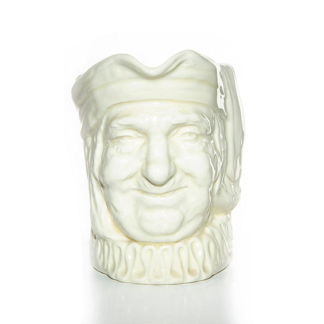 LG DOULTON UNDECORATED CHARACTER JUG, SIMON THE: D5504. All white ceramic; glazed finish. Doulton backstamp. Artist: Charles Noke Issued: c. 1940 Dimensions: 6.5"H Manufacturer: Royal Doulton Country of Origin: England