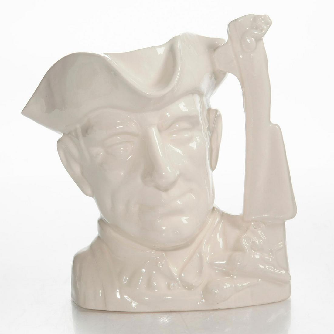 LG ROYAL DOULTON CHARACTER JUG, GUN SMITH D6573: Ivory glazed ceramic jug with a stock of a musket handle. Character from Williamsburg. Doulton backstamp. Artist: David Biggs Issued: 1963-1983 Dimensions: 7.5"H Manufacturer: Royal Doulton Country of