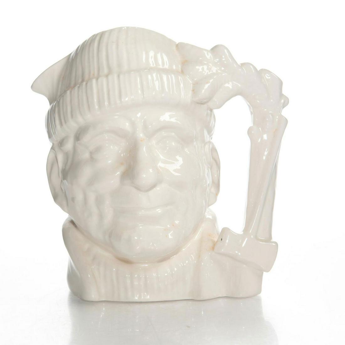 LG ROYAL DOULTON CHARACTER JUG, LUMBERJACK D6610: Undecorated glazed ceramic jug with tree trunk and axe handle. Canadian Centennial series. Doulton backstamp. Artist: Max Henk Issued: 1967-1982 Dimensions: 7.5"H Manufacturer: Royal Doulton Country o