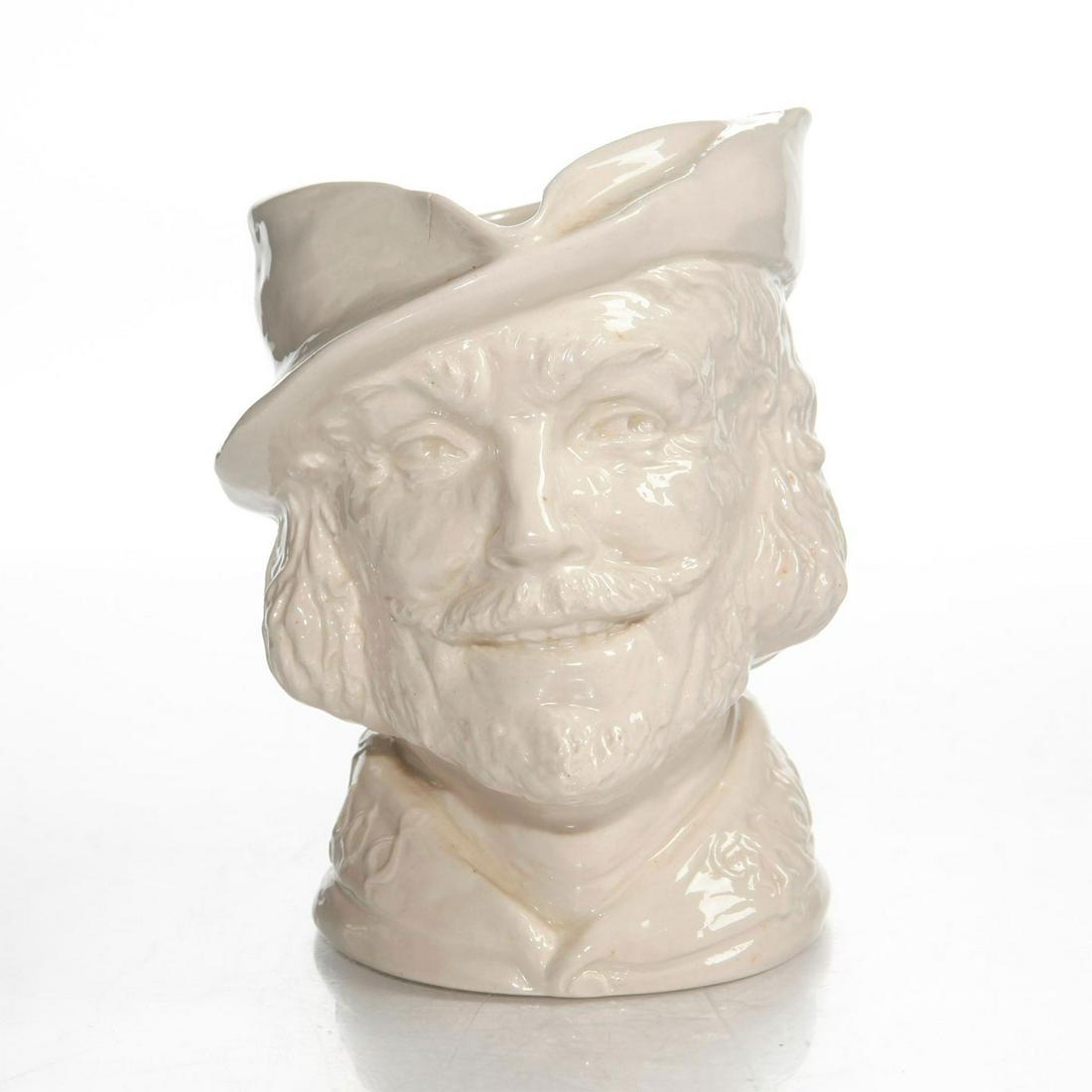 LG ROYAL DOULTON CHARACTER JUG, ROBIN HOOD D6205: Ivory glazed ceramic jug with plain handle. Doulton backstamp. Artist: Harry Fenton Issued: 1947-1960 Dimensions: 6"H Manufacturer: Royal Doulton Country of Origin: England