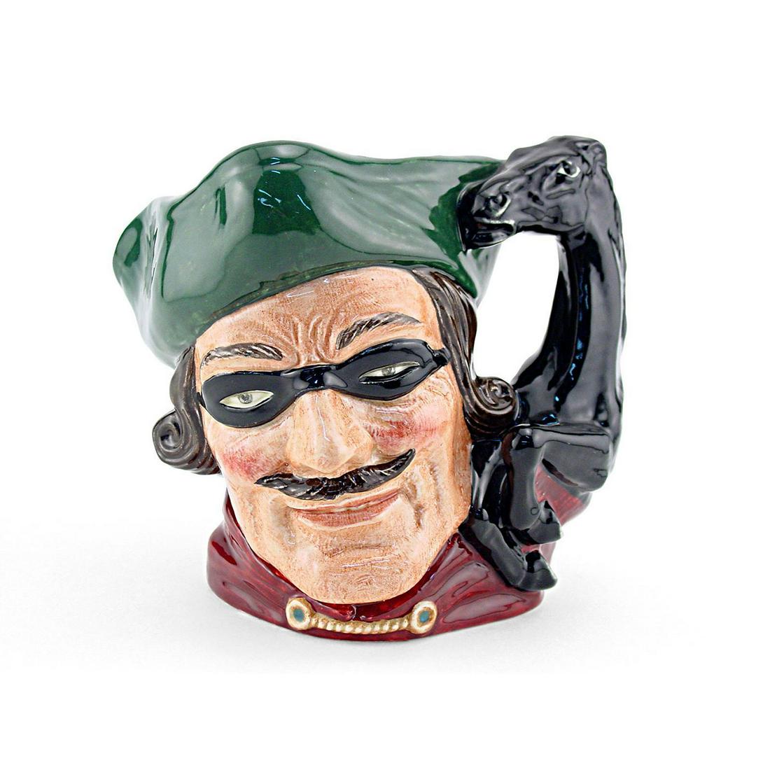 DICK TURPIN HORSE HANDLE D6528 - LARGE - ROYAL DOULTON: Dick Turpin Horse Handle D6528, Large (green tricorn, black mask over the eyes, red jacket). Designed by David B. Biggs. Issued 1960 - 1981. Size: 7"H (Large)Dick Turpin (1705 - 1739) joined forces wi
