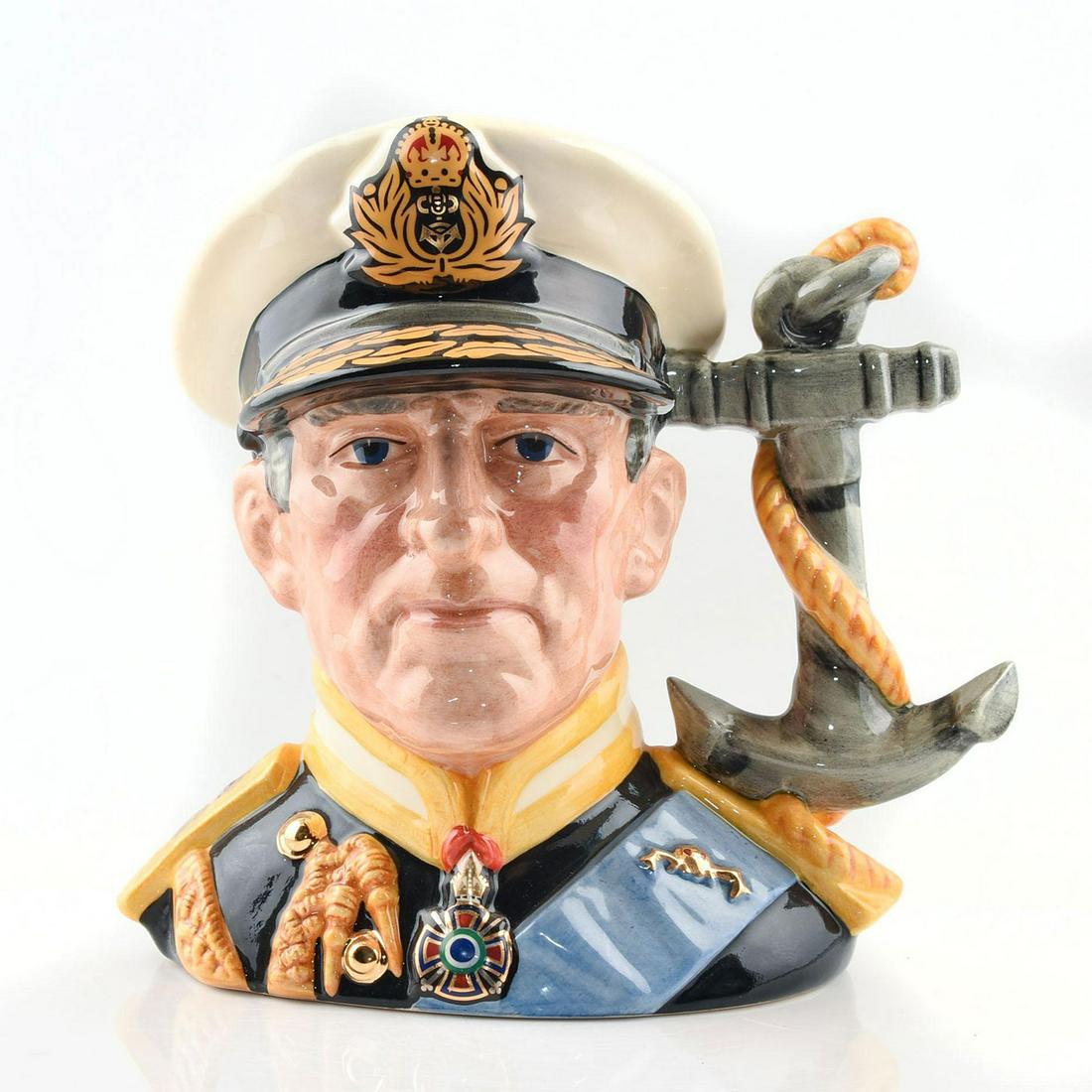 EARL MOUNTBATTEN D6944 - LARGE - ROYAL DOULTON: Royal Doulton Character Jug, Earl Mountbatten D6944 (yellow, black and white coloration). Designed by Stanley J. Taylor. Series: RDICC, issued 1993 in limited edition of 5,000. Size: 7"H (Large)A Brit