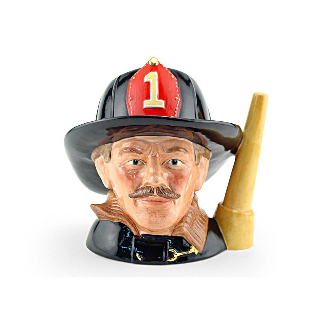 FIREMAN (FIRE HOSE HANDLE) - LARGE - ROYAL DOULTON: Fireman (Fire Hose Handle) D6697 (black, brown and red helmet badge). Designed by Jerry D. Griffith. Size: 7.25"H (Large)Launched exclusively by Griffith Pottery House in 1983, The Fireman jug was the