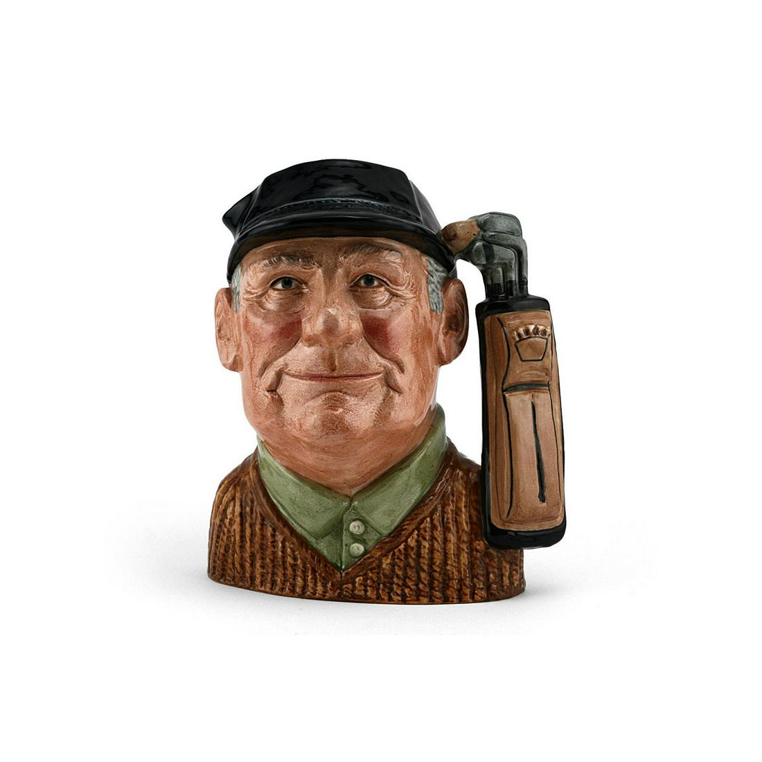GOLFER D6623 - LARGE - ROYAL DOULTON CHARACTER JUG: Golfer D6623 (blue cap, brown sweater, tan shirt, light brown golf bag). Designed by David B. Biggs, issued 1971 - 1995. Size: 7"H (Large)This Golfer character jug was modeled in the likeness of W.J.