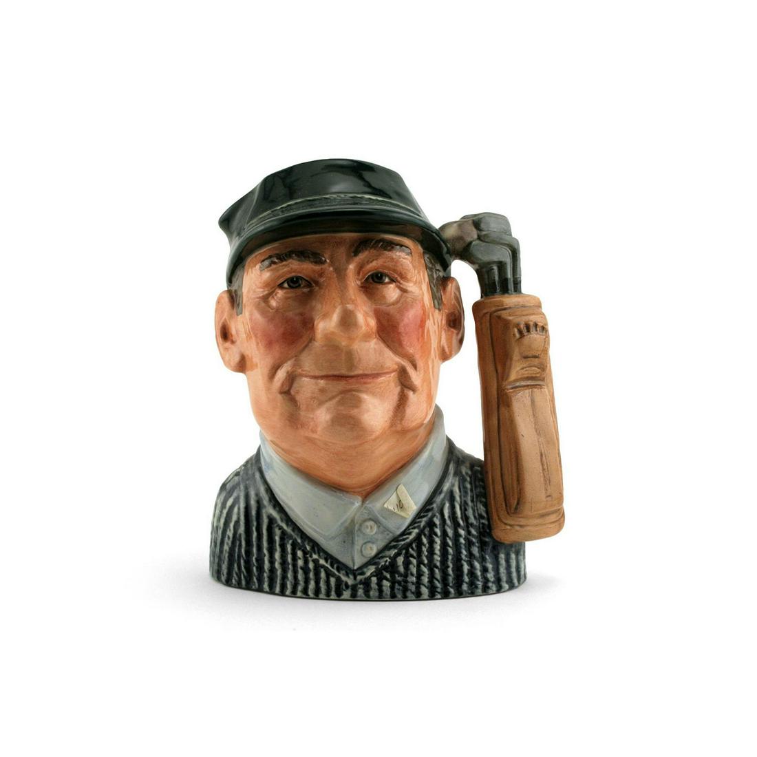 GOLFER D6784 (COLORWAY) - LARGE - ROYAL DOULTON: Royal Doulton Character Jug, Golfer Colorway D6784 (dark blue cap, blue striped sweater, light brown golf bag). Designed by David B. Biggs, issued 1987 in limited edition of 1,000. Size: 7"H (Large)Th