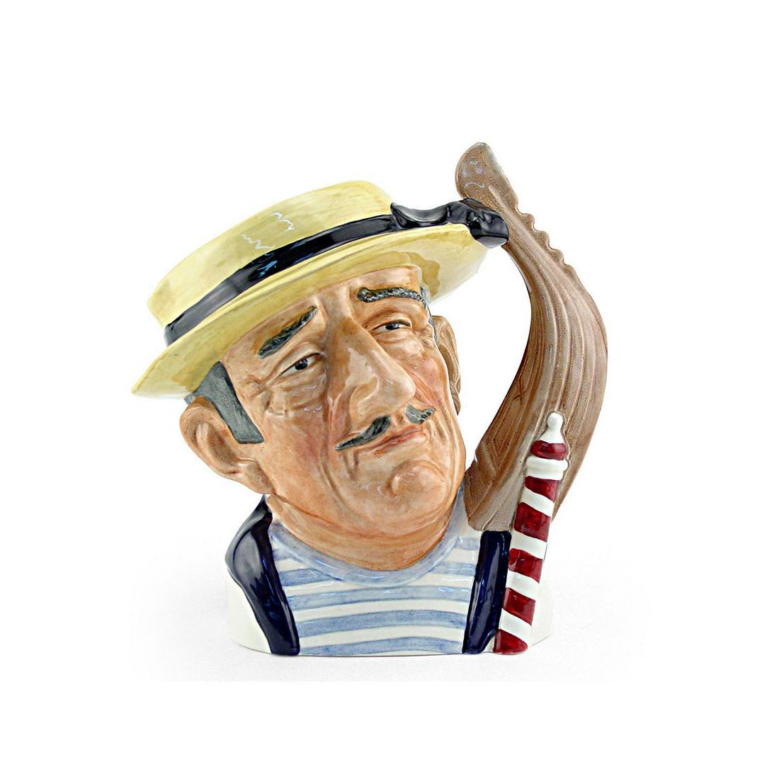 GONDOLIER D6589 - LARGE - ROYAL DOULTON CHARACTER JUG: Royal Doulton Character Jug, Gondolier D6589 (yellow hat, blue and white t-shirt, maroon and white pole). Designed by David B. Biggs, issued 1964 - 1969. Size: 8"H (Large)Gondoliers are the famous sin