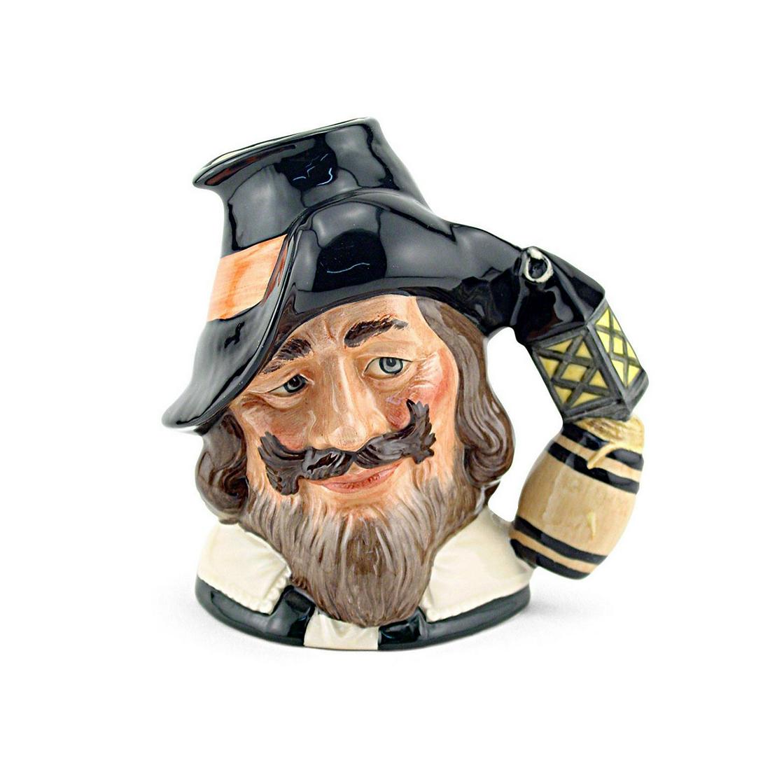 GUY FAWKES D6861 - LARGE - ROYAL DOULTON CHARACTER JUG: Royal Doulton Character Jug, Guy Fawkes with Red Band D6861 (Black hat, red band, white collar, black coat). Designed by William K. Harper, issued 1990 - 1996. Size 7"H (Large)Guy Fawkes (1570 - 1606)