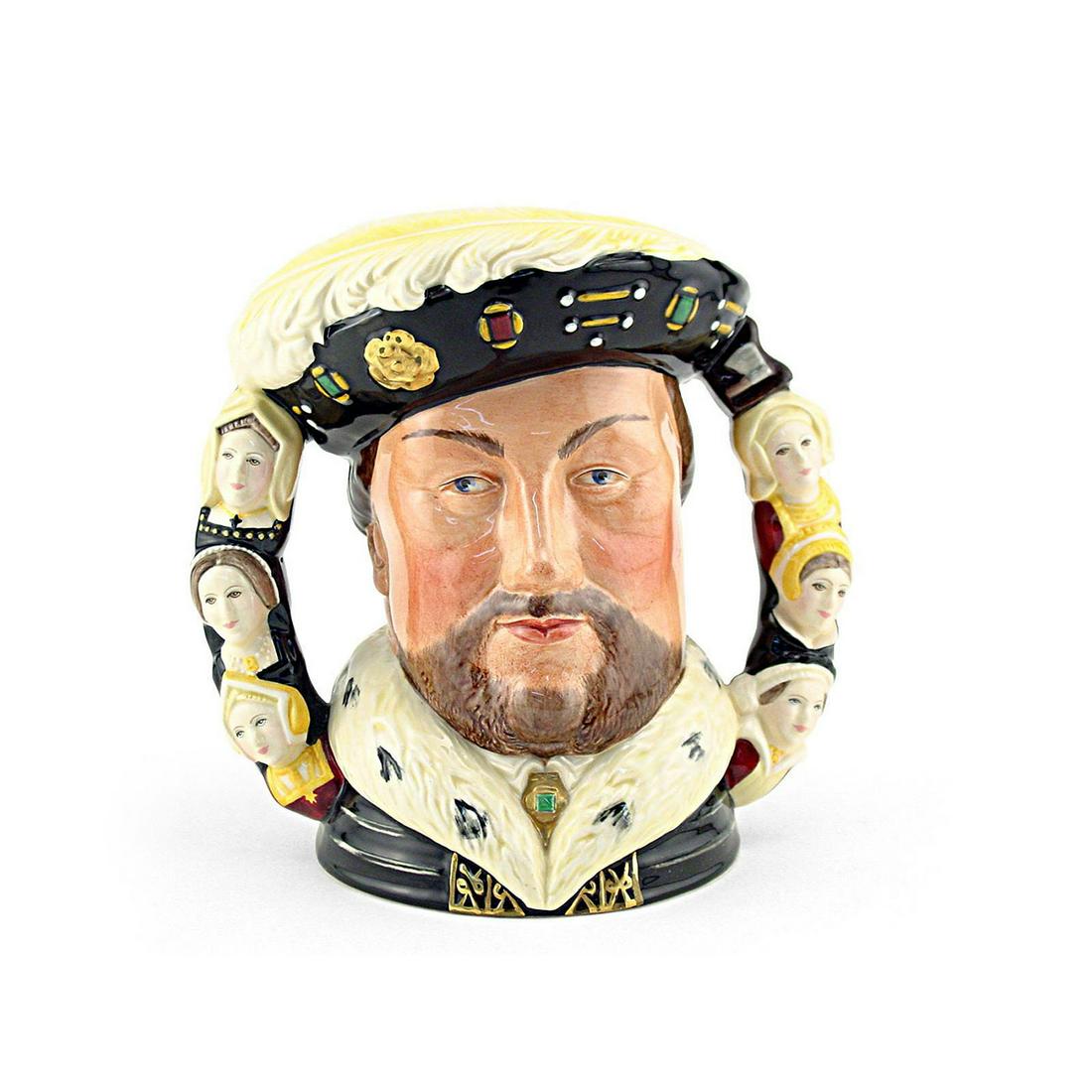 HENRY VIII D6888 (DOUBLE HANDLED) - LARGE - ROYAL: Royal Doulton Character Jug, Henry VIII Double Handle D6888 (white and black with gold trim). Designed by William K. Harper. Series: Royalty; Two- handled jugs, issued 1991 in limited edition of 1,881