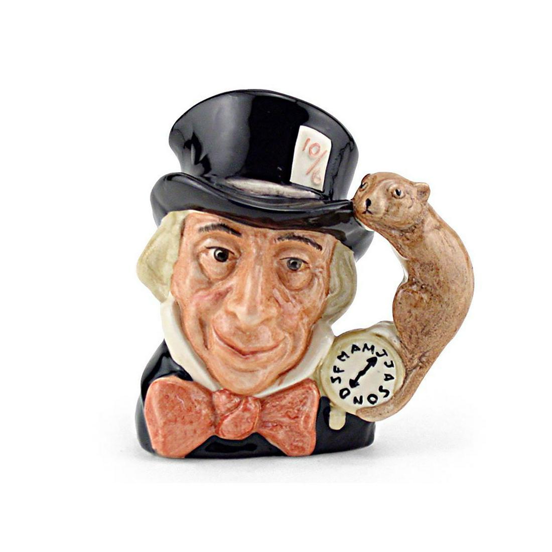 MAD HATTER D6598 - LARGE - ROYAL DOULTON CHARACTER JUG: Mad Hatter D6598 (black hat, dark red bow tie). Designed by Max Henk. Series: Alice in Wonderland, issued 1965 - 1983. Size: 7.25"H (Large)A character from Lewis Carroll's "Alice's Adventures in Wonde