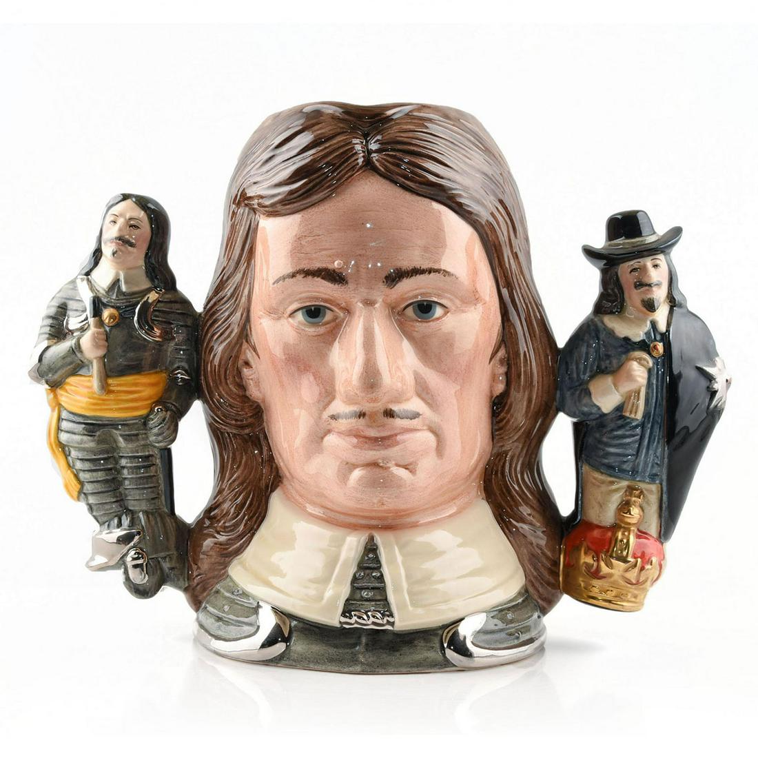 OLIVER CROMWELL D6968 (TWO HANDLED JUG) - LARGE - ROYAL: Royal Doulton Character Jug, Oliver Cromwell Double-handled D6968 (brown, cream, blue and black coloration). Designed by William K. Harper, issued 1994 in limited edition of 2,500. Size: 7"H (Large)Th
