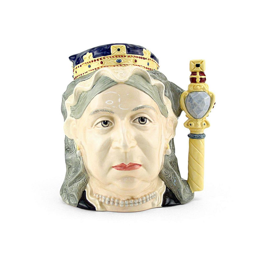 QUEEN VICTORIA D6788 (COLORWAY) - LARGE - ROYAL DOULTON: Royal Doulton Character Jug, Queen Victoria Colorway D6788 (purple and yellow crown; grey veil; red jewel in scepter). Designed by Stanley J. Taylor, issued 1988 in special edition of 3,000. Size: 7.2