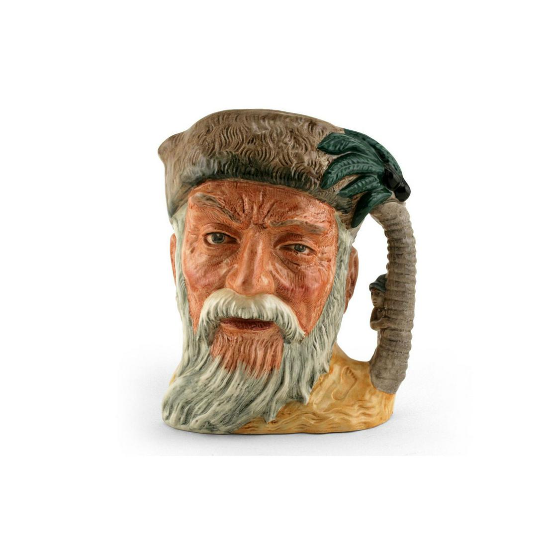 ROBINSON CRUSOE D6532 (WITH FOOTPRINT) - LARGE - ROYAL: Royal Doulton Character Jug, Robinson Crusoe (with footprint) D6532 (brown and green coloration). Designed by Max Henk. Series: Characters from Literature, issued 1960-1982. Size: 7.5"H (large)In 1719