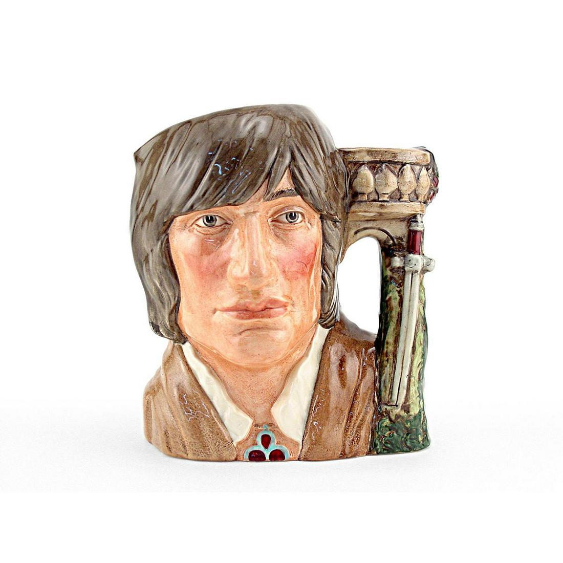 ROMEO D6670 - LARGE - ROYAL DOULTON CHARACTER JUG: Romeo D6670 (brown and white coloration). Designed by David B. Biggs. Series: The Shakespearean Collection, issued 1983 - 1989. Size: 7.5"H (Large)The hero of Shakespeare's 1596 romantic play, Romeo f