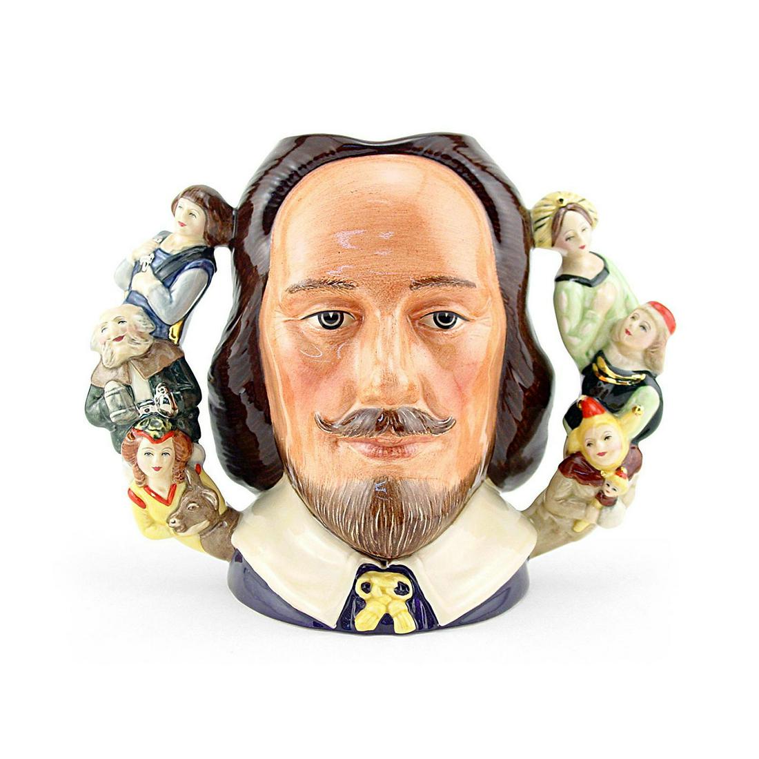 SHAKESPEARE D6933 (DOUBLE HANDLE) - LARGE - ROYAL: Royal Doulton Character Jug, Shakespeare Double-Handle D6933 (brown coloration). Designed by William K. Harper, issued 1992 in limited edition of 2,500. Size: 7"H (large)Shakespeare (1564 - 1616) was 