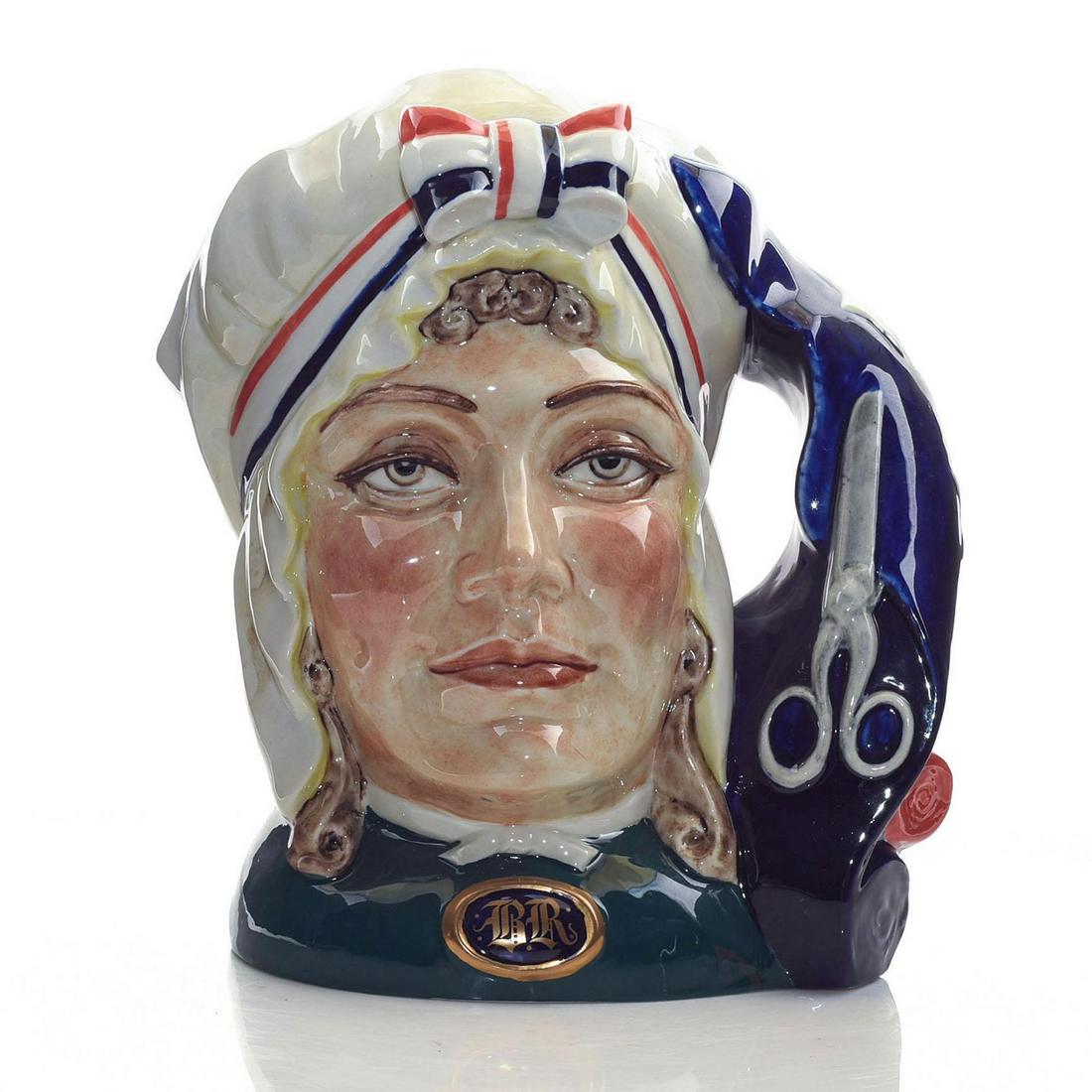 PEGGY DAVIES LARGE LIMITED EDITION JUG, BETSY ROSS: 250 produced. Cobalt blue. American flag handle. Stamped to base. A rare Peggy Davies Studios large Betsy Ross Character Jug, produced as part of an American Patriots series. Cobalt blue and green wit