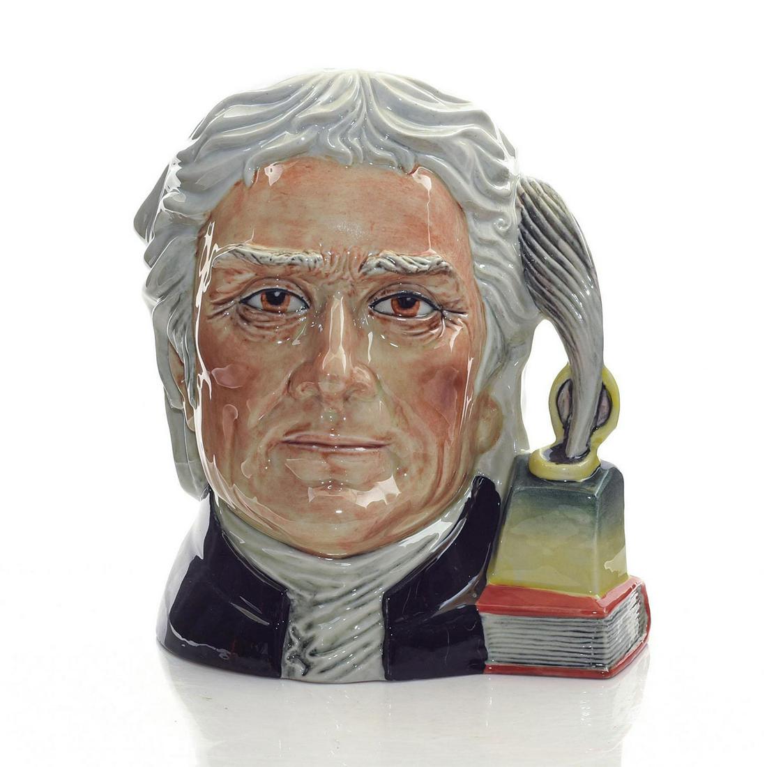 PEGGY DAVIES LG LIMITED EDITION JUG, THOMAS JEFFERSON: 250 produced. Cobalt blue. Quill & inkwell handle. Base stamped. A rare Peggy Davies Studios large Thomas Jefferson Character Jug, produced as part of an American Patriots series. Naturalistic colors