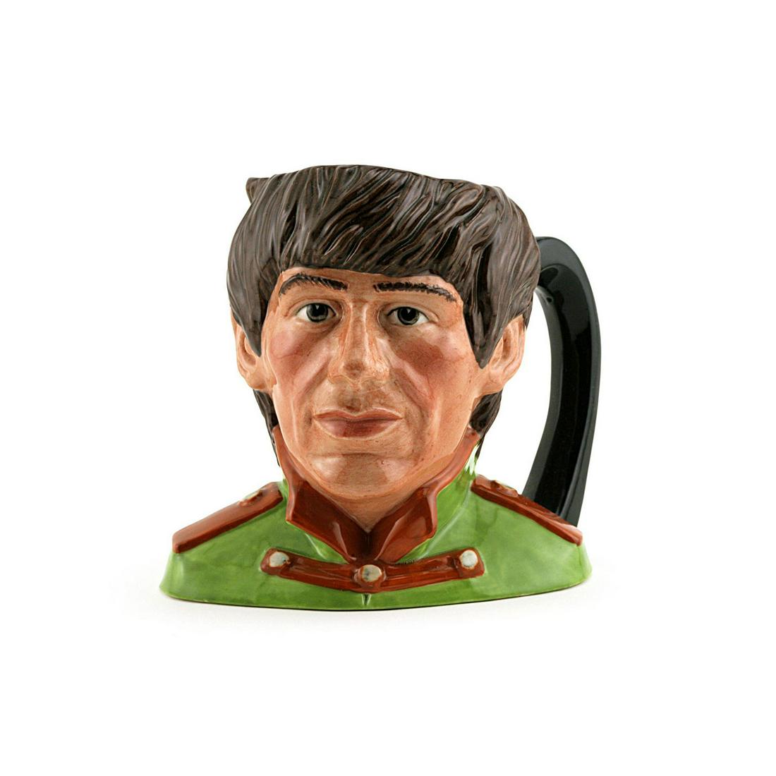 GEORGE HARRISON D6727 - ODD SIZE - ROYAL DOULTON: Royal Doulton Character Jug, George Harrison D6727 (green tunic; orange collar and epaulettes). Designed by Stanley J. Taylor. Series: The Beatles, issued 1984 -1991. Size: 5.5"H (odd)George Harrison