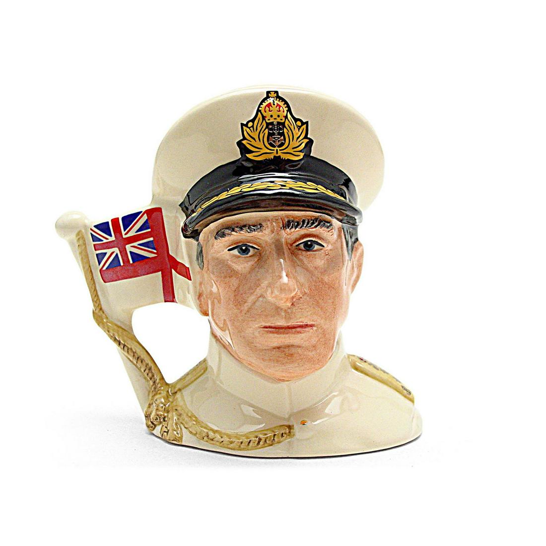 EARL MOUNTBATTEN OF BURMA D6851 - SMALL - ROYAL DOULTON: Royal Doulton Character Jug, Earl Mountbatten of Burma D6851 (white naval uniform trimmed with gold ). Designed by Stanley J. Taylor. Series: Heroic Leaders, issued 1990 in limited edition of 9,500. S
