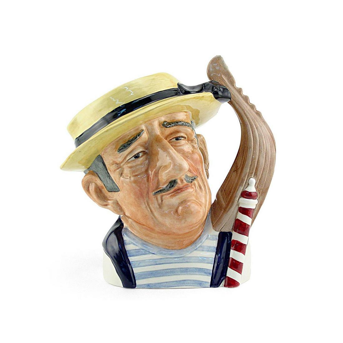 GONDOLIER D6592 - SMALL - ROYAL DOULTON CHARACTER JUG: Royal Doulton Character Jug, Gondolier D6592 (yellow hat; blue and white t-shirt; maroon and white pole). Designed by David B. Biggs, issued 1964 - 1969. Size: 4"H (Small) The shallow, long craft the