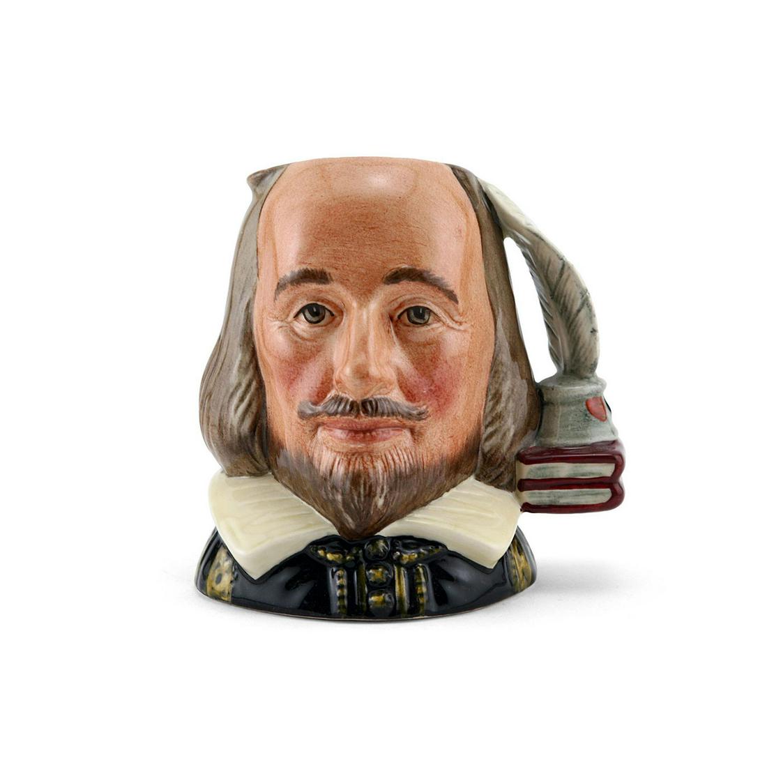 SHAKESPEARE D6938 - SMALL - ROYAL DOULTON CHARACTER JUG: Royal Doulton Character Jug, Shakespeare D6938 (black coat; yellow collar; light brown hair and beard; burgundy books; grey inkwell and quill). Designed by William K. Harper, issued 1993 - 2002. Size: