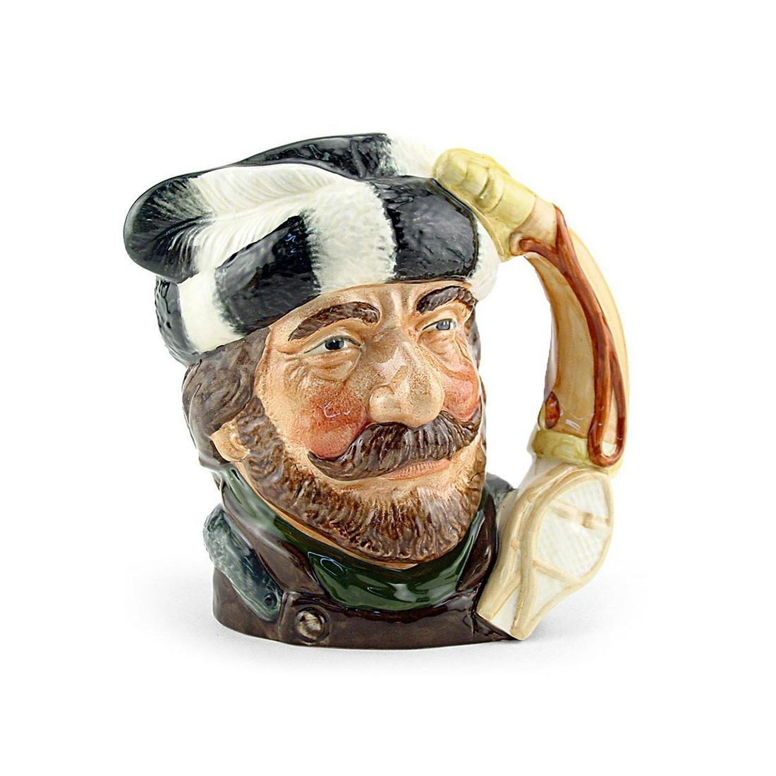 TRAPPER D6612 - SMALL - ROYAL DOULTON CHARACTER JUG: Royal Doulton Character Jug, Trapper D6612 (dark green and white hat; brown and green clothing). Designed by Max Henk and David B. Biggs. Series: Canadian Centennial Series, 1867 - 1967, 1967 - 1983.