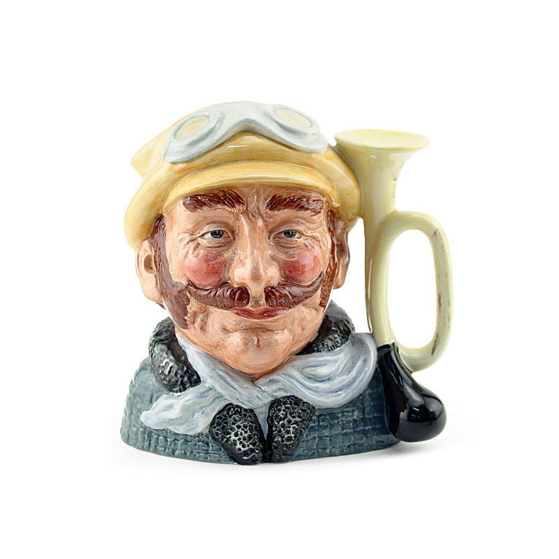 VETERAN MOTORIST D6637 - SMALL - ROYAL DOULTON: Royal Doulton Character Jug, Veteran Motorist D6637 (yellow hat; green coat; white scarf). Designed by David B. Biggs, issued 1973 - 1983. Size: 3.25"H (small) Manufacturer: Royal Doulton Country of O