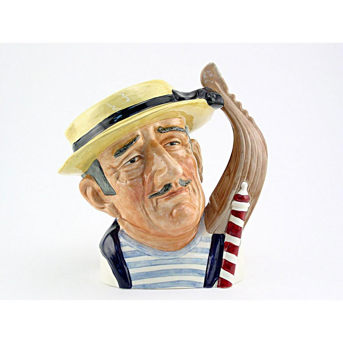 GONDOLIER D6595 - MINI - ROYAL DOULTON CHARACTER JUG: Royal Doulton Character Jug, Gondolier D6595 (yellow hat; blue and white t-shirt; maroon and white pole). Designed by David B. Biggs, issued 1964 - 1969. Size: 2.5"H (mini)The shallow, long craft the